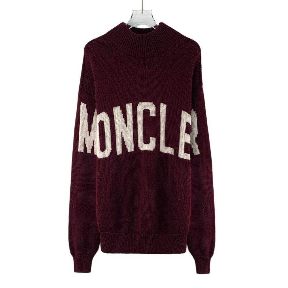 Moncler Maglione Tricot Collection Burgundy Logo Letter Embroidered Wool Crew Ne